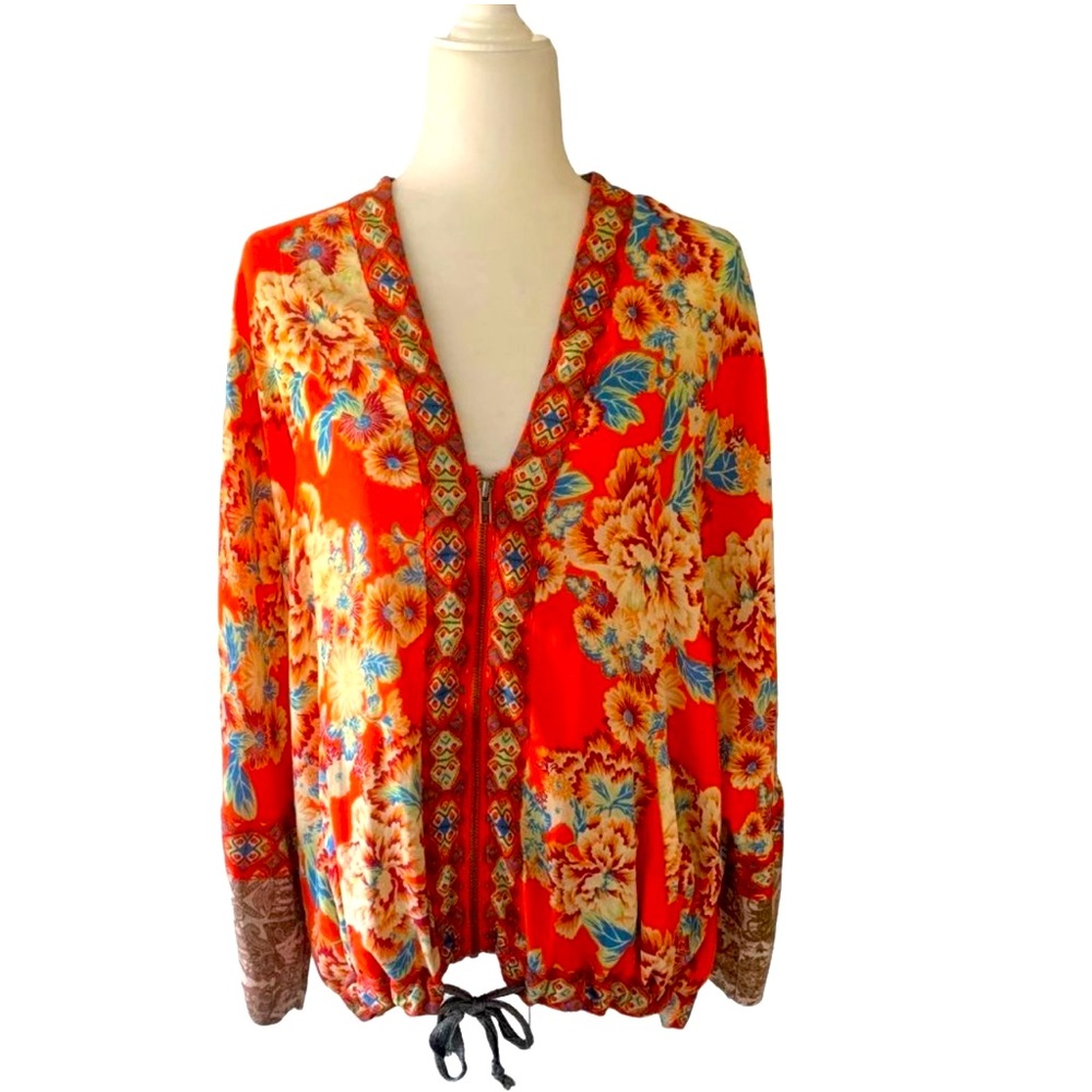 EUC Free People Kimono Jacket Top Women's 3/4 Sleeve V-Neck Zip-up Boho Size M/L